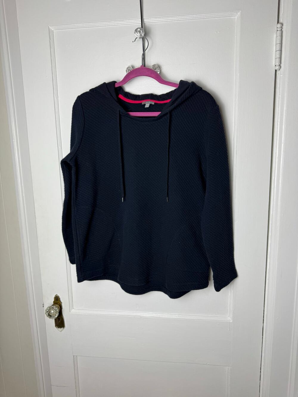 Talbots Hooded Knit Pullover L Navy Sweater Preppy Coastal Sporty Quiet Luxury